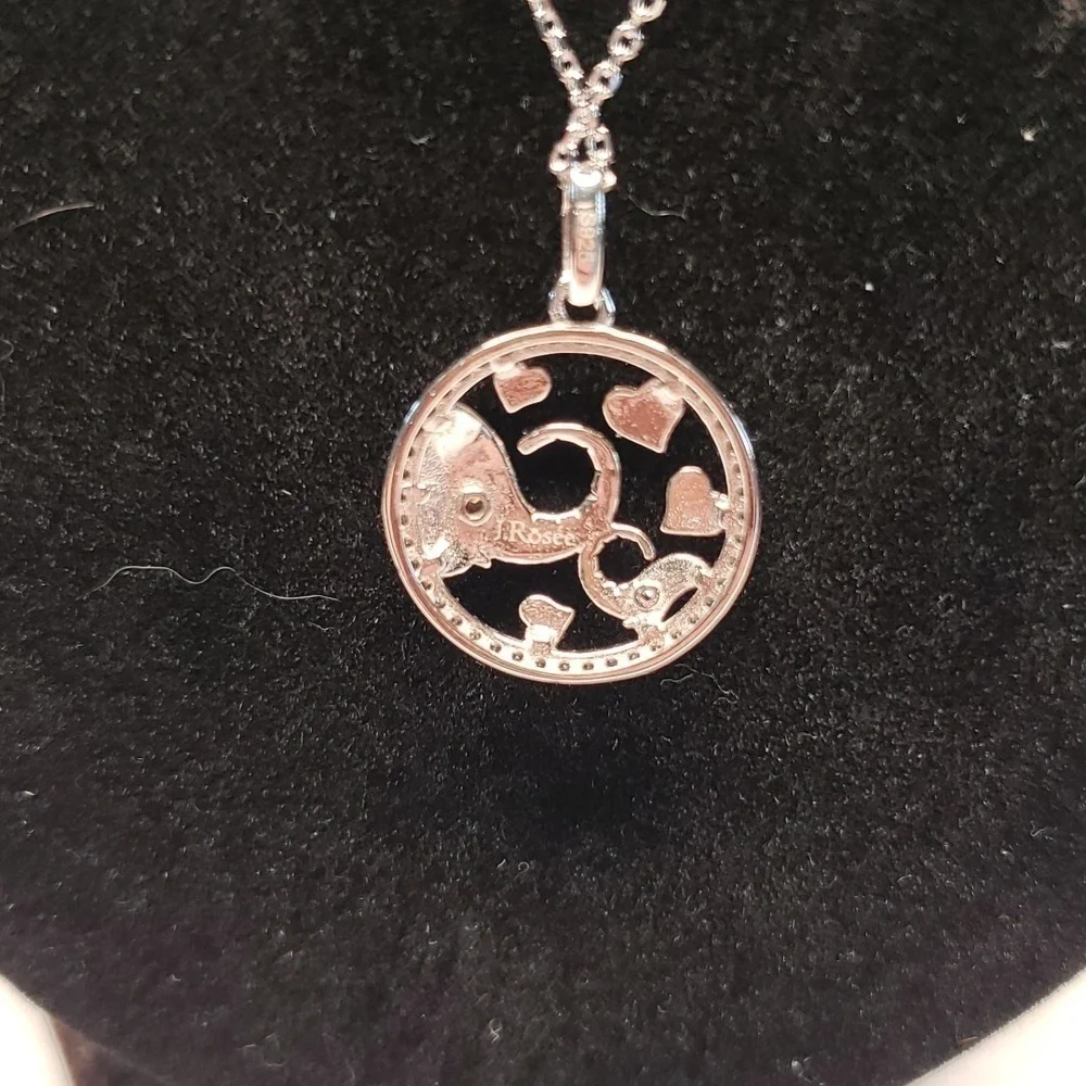 STERLING elephants mom and baby pendant and chain with rhinestones